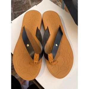 ONCAI Womens Flip Flop Sandals Black Tan Floral Embossed Wedge Thong Size 8.5